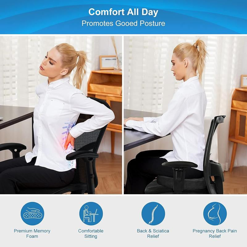 Non-Slip Memory Foam Chair Seat Cushion for Office Home Chair for Tailbone Pain - Car Seat Cushion Driving - Sciatica & Back Pain Relief