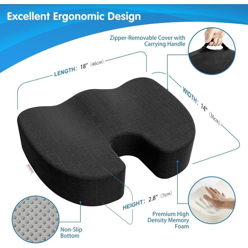 Non-Slip Memory Foam Chair Seat Cushion for Office Home Chair for Tailbone Pain - Car Seat Cushion Driving - Sciatica & Back Pain Relief