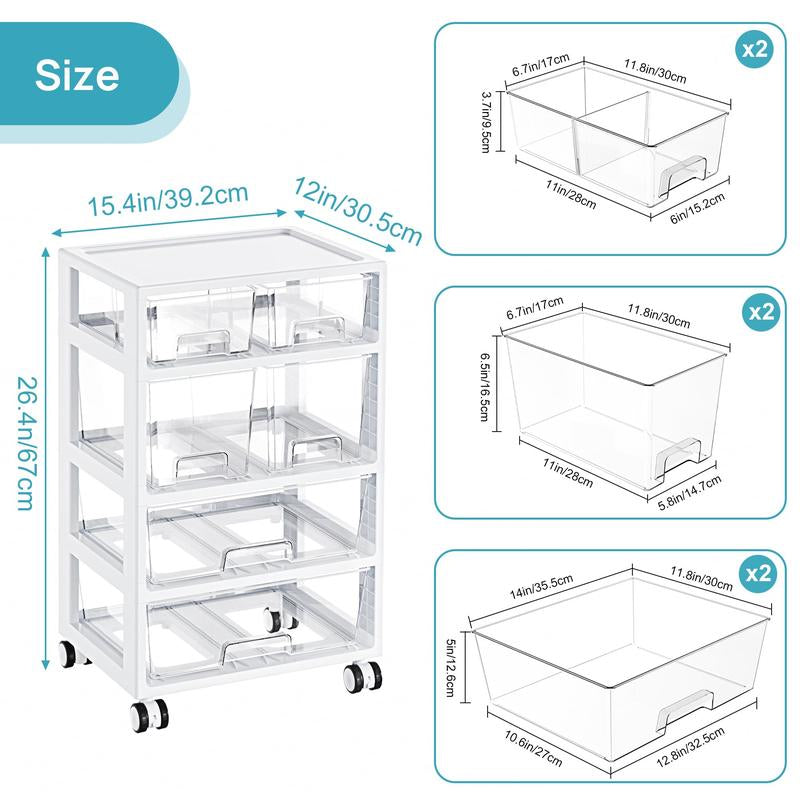 Vtopmart Drawer Storage Orangizer, 4 Tier 6 Drawers with Wheels for Office Supplies, Art Crafts, under Desk Storage for Office, Bathroom, Dresser