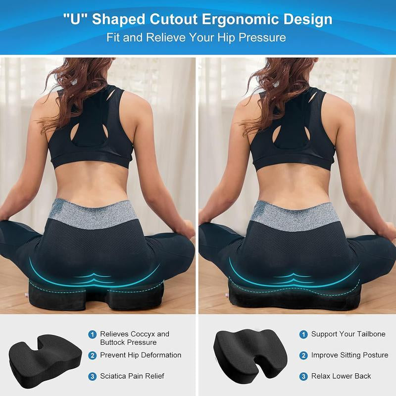 Non-Slip Memory Foam Chair Seat Cushion for Office Home Chair for Tailbone Pain - Car Seat Cushion Driving - Sciatica & Back Pain Relief