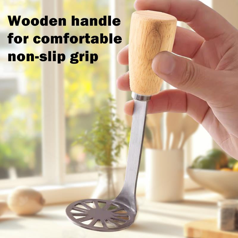 2 Counts Stainless Steel Potato Masher, Heavy Duty Manual Masher with Wood Handle, Kitchen Tool for Avocado, Bean, Pumpkin