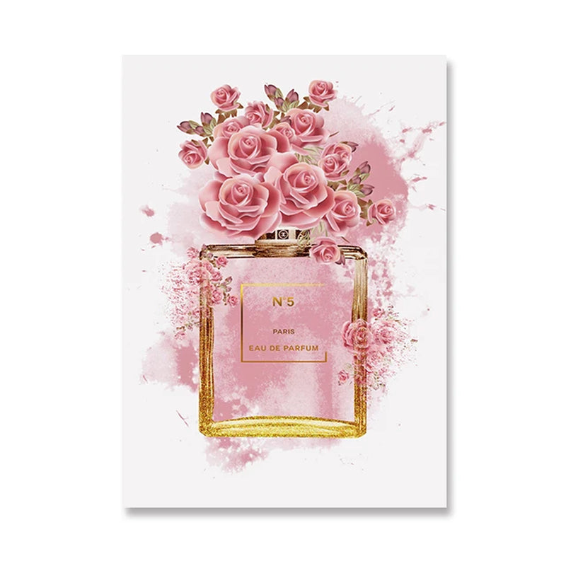 Fashion Pink Floral Perfume Canvas Painting Posters and Print Modern Luxury Home Girl Room Decoration Painting Cuadros Wall Art