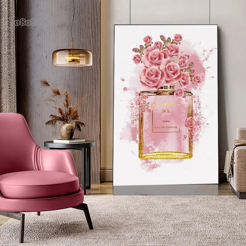 Fashion Pink Floral Perfume Canvas Painting Posters and Print Modern Luxury Home Girl Room Decoration Painting Cuadros Wall Art