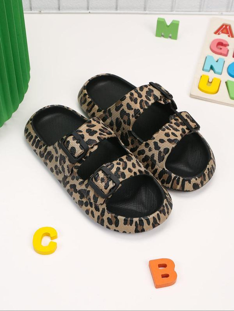 Women'S Fashion Leopard Print Slides, Slip on Sandals, Casual Comfortable Double Band Design Slides, Non-Slip Beach Slippers, Indoor & Outdoor Slippers for Women, Walking Shoes, Boho Style Slippers, Summer Footwear