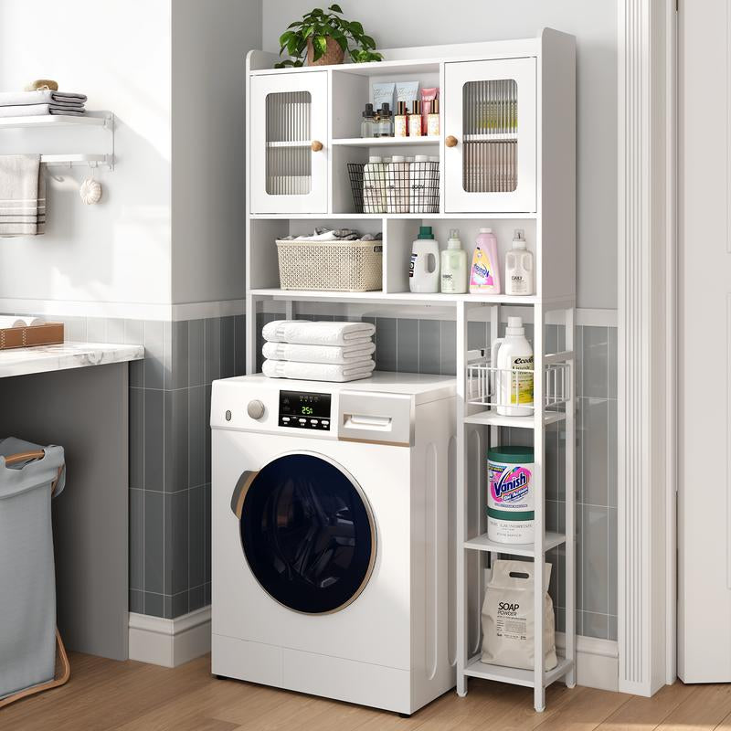 SULIVES above Toilet Storage Rack with Cabinet, Sliding Barn Door, Side Storage Rack, Bathroom Organizer with Hooks for Bathroom, Laundry Room, White Shelf Organization