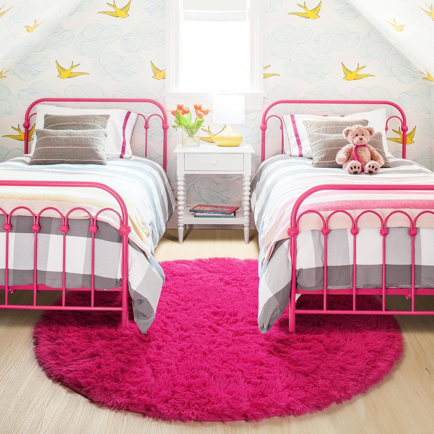Hot Pink round Rugs 5Ft for Girls Bedroom, Fluffy Circle Area Rug for Kids Room Decor Aesthetic, Shag Plush Fuzzy Furry Carpet for Living Room, Nursery, Dorm, Classroom, Teen, Cute Baby Barbie Rug