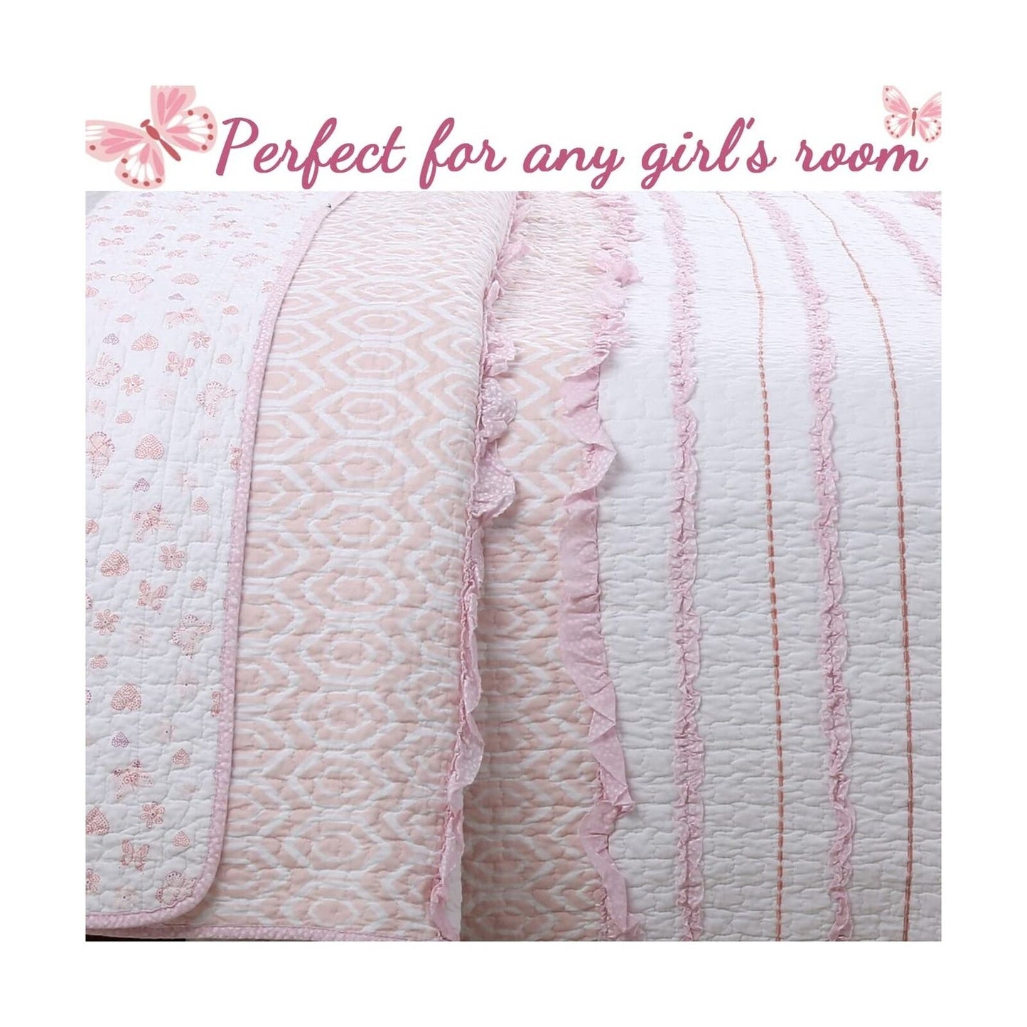 Cozy Line Home Fashions Pink Girly Ruffle Butterfly Reversible 100% Cotton So...