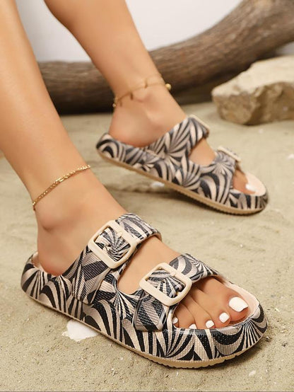 Women'S Fashion Leopard Print Slides, Slip on Sandals, Casual Comfortable Double Band Design Slides, Non-Slip Beach Slippers, Indoor & Outdoor Slippers for Women, Walking Shoes, Boho Style Slippers, Summer Footwear