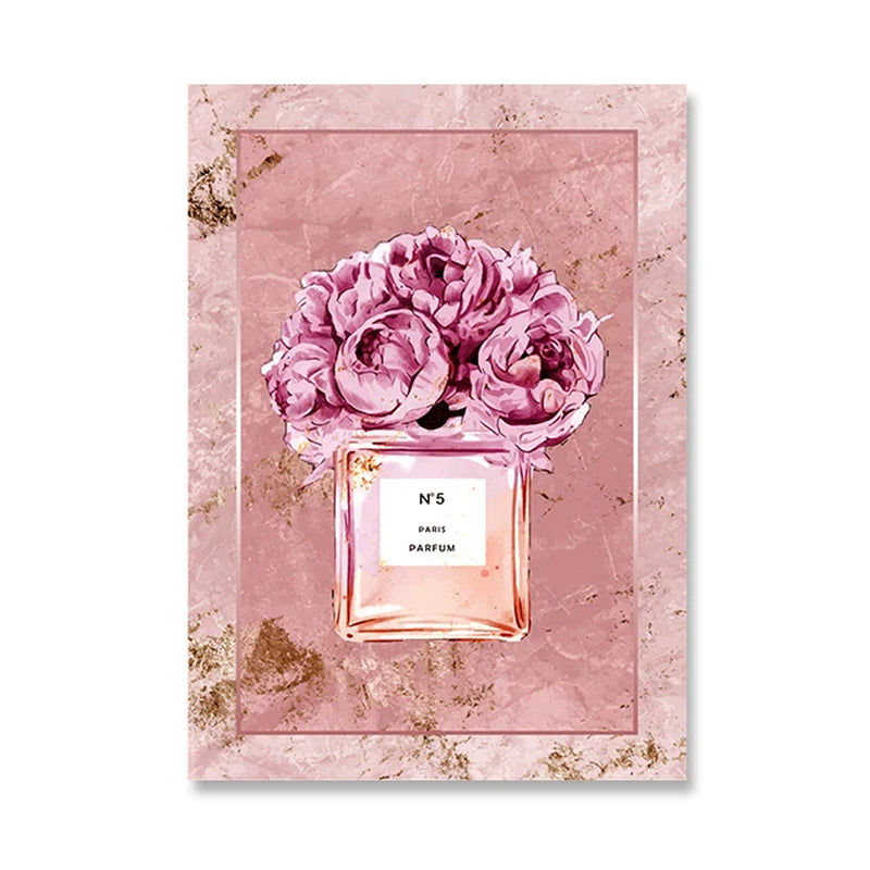 Fashion Pink Floral Perfume Canvas Painting Posters and Print Modern Luxury Home Girl Room Decoration Painting Cuadros Wall Art