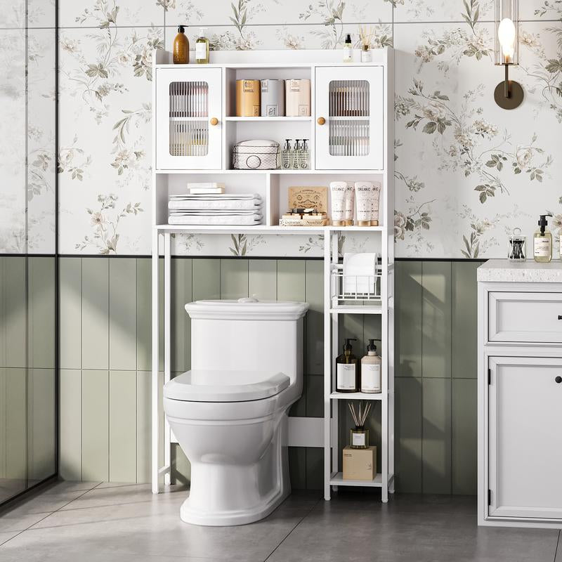 SULIVES above Toilet Storage Rack with Cabinet, Sliding Barn Door, Side Storage Rack, Bathroom Organizer with Hooks for Bathroom, Laundry Room, White Shelf Organization