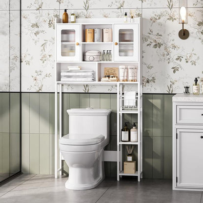 SULIVES above Toilet Storage Rack with Cabinet, Sliding Barn Door, Side Storage Rack, Bathroom Organizer with Hooks for Bathroom, Laundry Room, White Shelf Organization