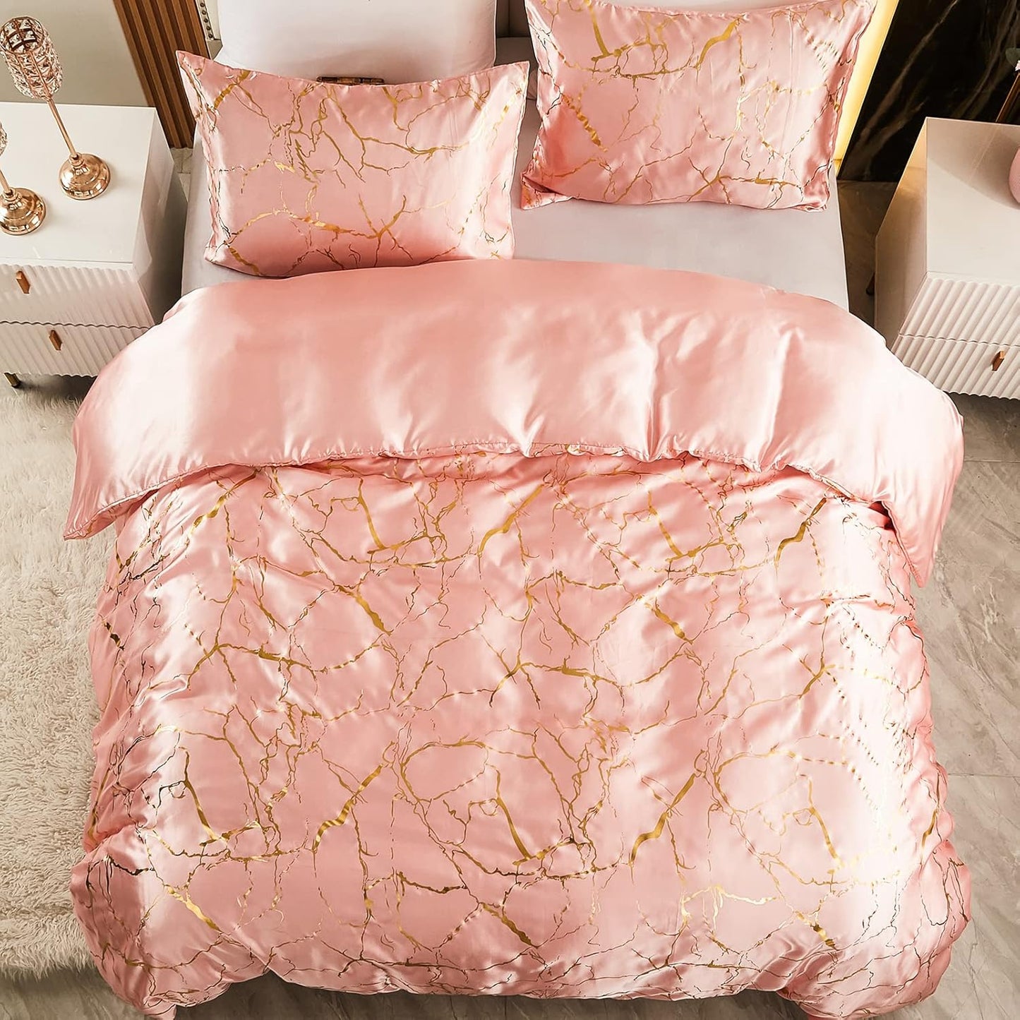 Pink Bedding Set Pink Satin Duvet Cover Set King Size 3 Pcs Girls Pink Metallic Marble Design Luxurious Silky Bedding Queen 1 Duvet Cover 2 Pillowcases (Queen, Pink)