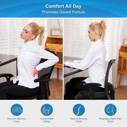 Non-Slip Memory Foam Chair Seat Cushion for Office Home Chair for Tailbone Pain - Car Seat Cushion Driving - Sciatica & Back Pain Relief