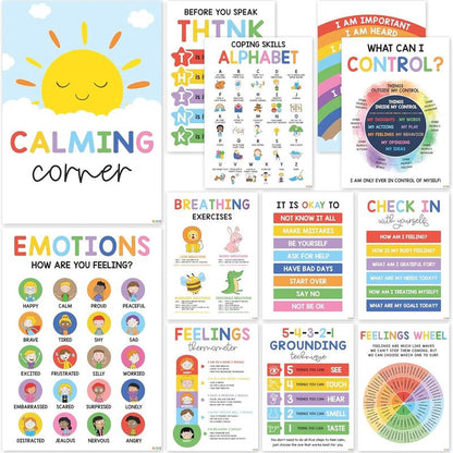 [Back to School 2025] 12 Calming Corner Posters 10X14 Feelings Wheel Emotions Chart for Kids Durable Laminated Classroom Homeschool Decor for Emotional Regulation