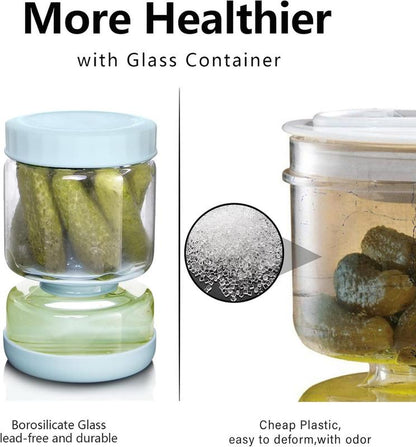Upgrade Flip Lid Strainer Pickle Jar - Glass Pickle Jar with Strainer Lid, No Mess Pickle Storage Container, Kitchen Organization Gift for Mom, Mothers Day Gift Idea, Food Storage Jar for Pickles, Veggies, Fruits