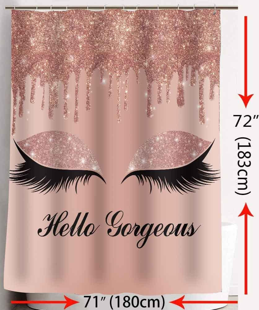 Hello Gorgeous Shower Curtain Set, Rose Gold Twinkle Drips Chic Unicorn Eyelash (No Glitter) Girl Bathroom Shower Curtains, 72 X72 Inch Bathtub Showers Washable Fabric with 12 Hooks, YLLSSD1715