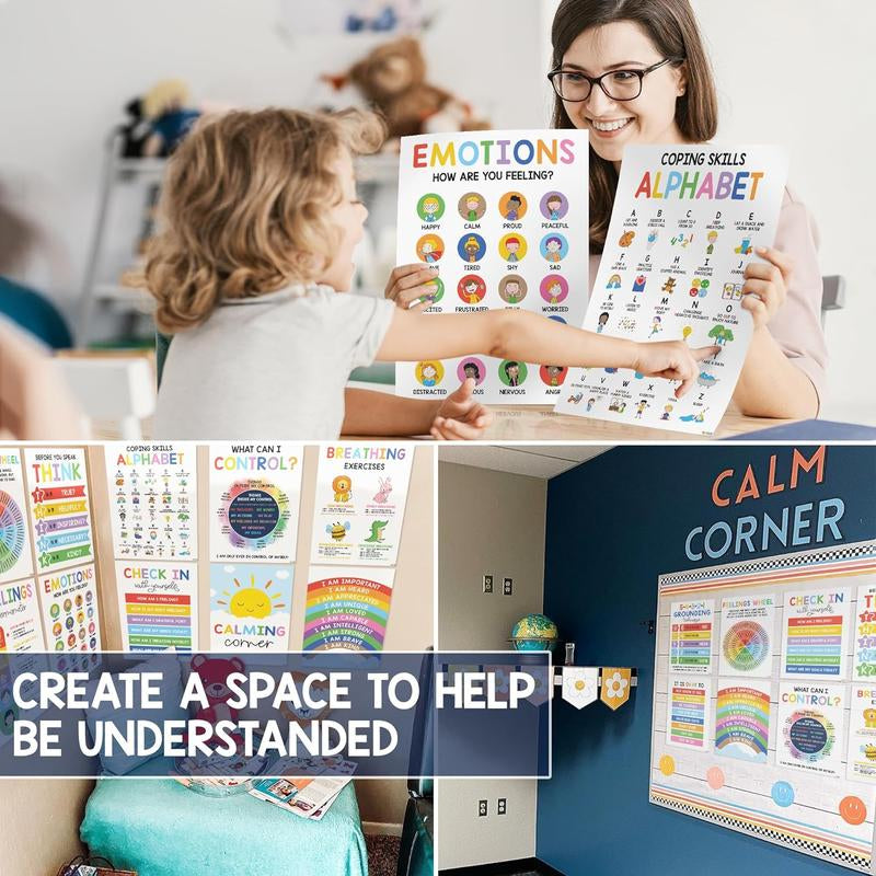 [Back to School 2025] 12 Calming Corner Posters 10X14 Feelings Wheel Emotions Chart for Kids Durable Laminated Classroom Homeschool Decor for Emotional Regulation