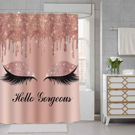 Hello Gorgeous Shower Curtain Set, Rose Gold Twinkle Drips Chic Unicorn Eyelash (No Glitter) Girl Bathroom Shower Curtains, 72 X72 Inch Bathtub Showers Washable Fabric with 12 Hooks, YLLSSD1715
