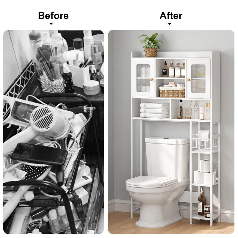 SULIVES above Toilet Storage Rack with Cabinet, Sliding Barn Door, Side Storage Rack, Bathroom Organizer with Hooks for Bathroom, Laundry Room, White Shelf Organization