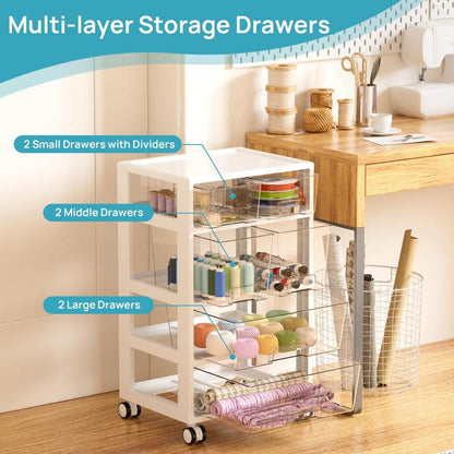 Vtopmart Drawer Storage Orangizer, 4 Tier 6 Drawers with Wheels for Office Supplies, Art Crafts, under Desk Storage for Office, Bathroom, Dresser