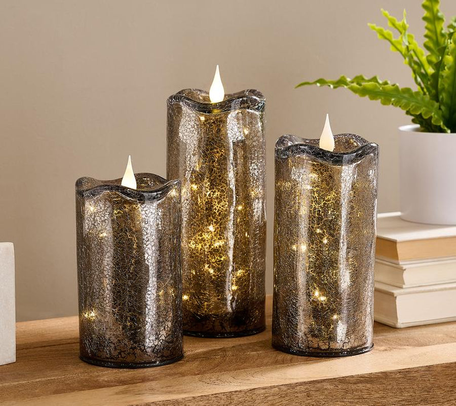 Set of 3 Illuminated Crackle Glass Candles by Valerie