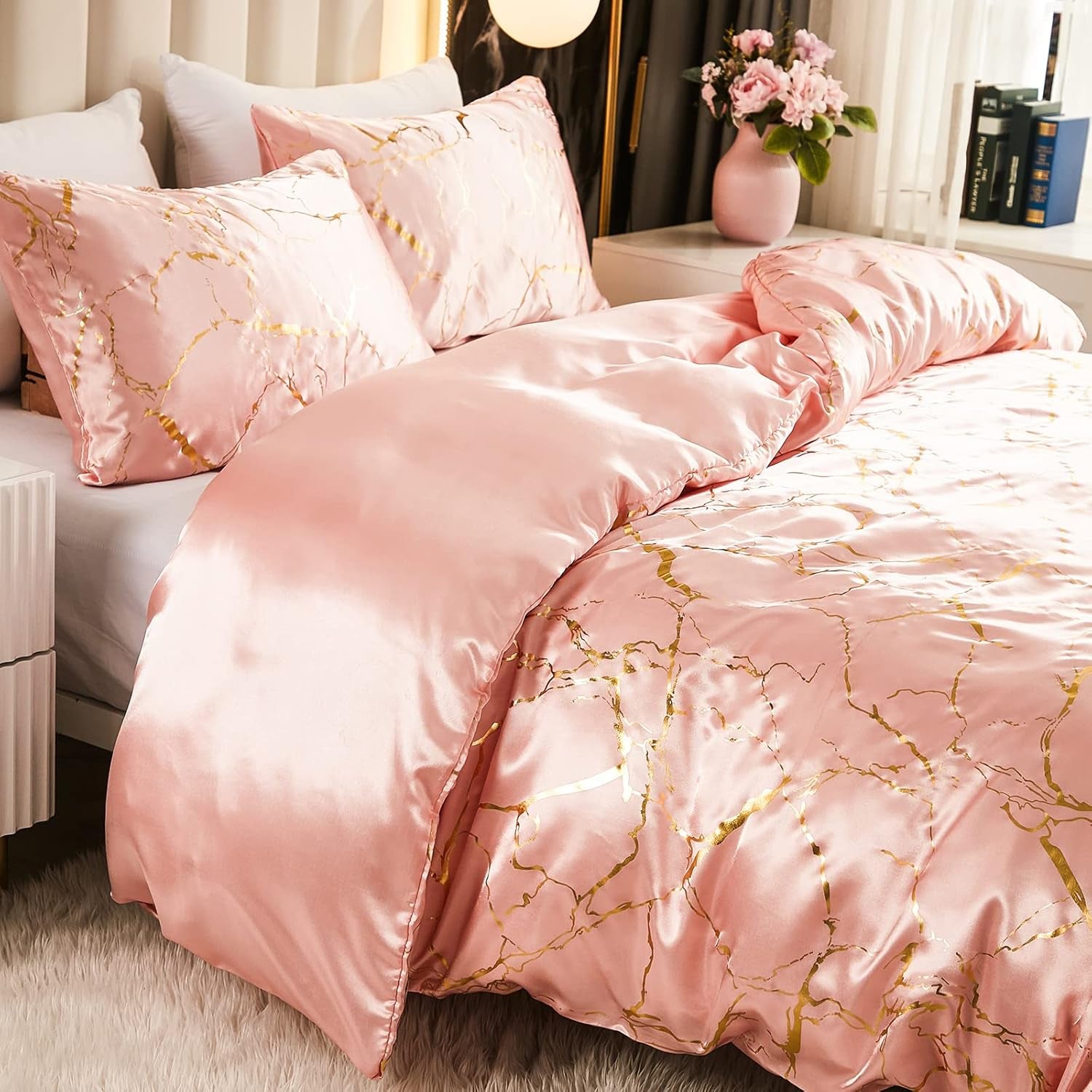 Pink Bedding Set Pink Satin Duvet Cover Set King Size 3 Pcs Girls Pink Metallic Marble Design Luxurious Silky Bedding Queen 1 Duvet Cover 2 Pillowcases (Queen, Pink)