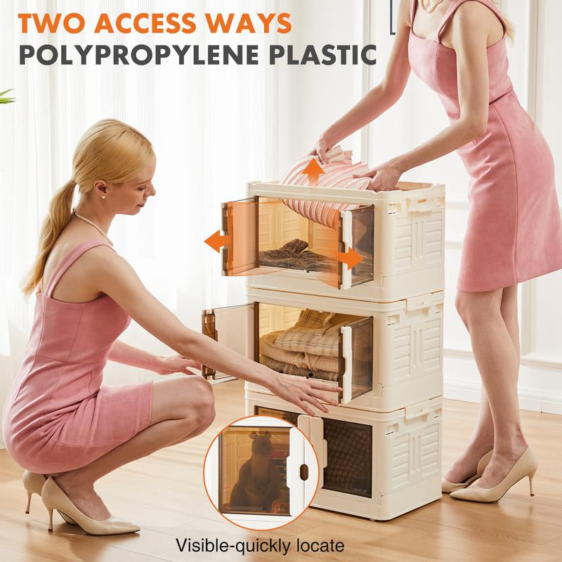 Stackable Plastic Storage Bins with Lid - 23QT Foldable Organizers and Storage with Magnetic Doors & Lockable Wheels, Collapsible Storage Boxes