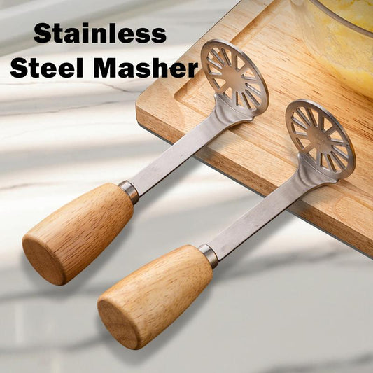 2 Counts Stainless Steel Potato Masher, Heavy Duty Manual Masher with Wood Handle, Kitchen Tool for Avocado, Bean, Pumpkin
