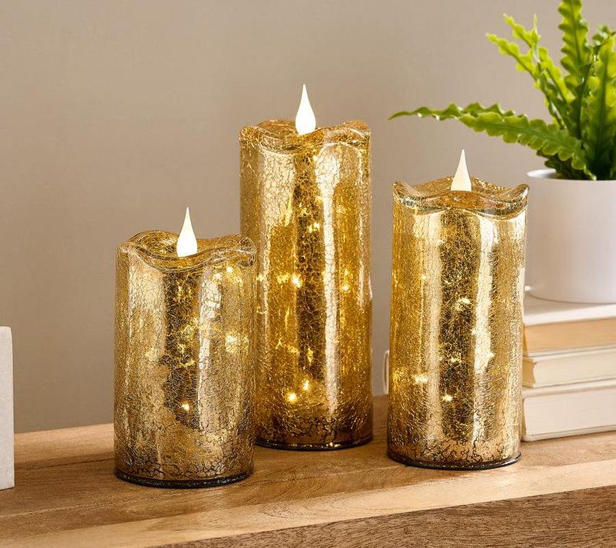Set of 3 Illuminated Crackle Glass Candles by Valerie