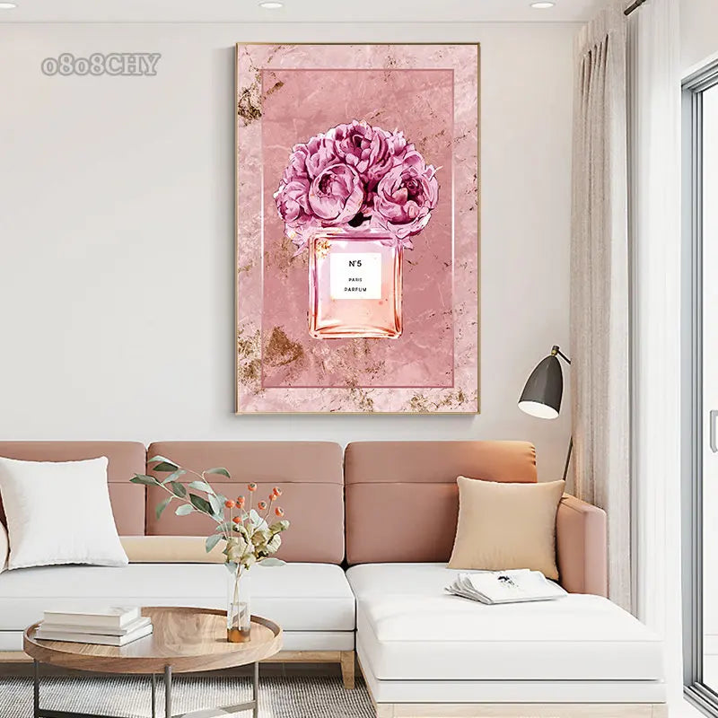 Fashion Pink Floral Perfume Canvas Painting Posters and Print Modern Luxury Home Girl Room Decoration Painting Cuadros Wall Art