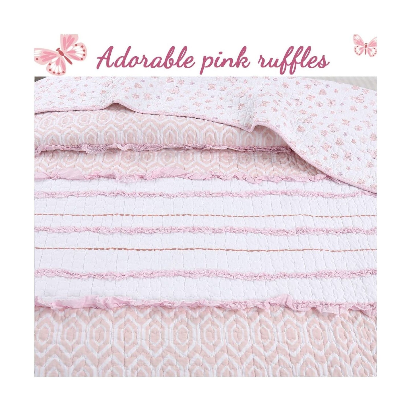 Cozy Line Home Fashions Pink Girly Ruffle Butterfly Reversible 100% Cotton So...