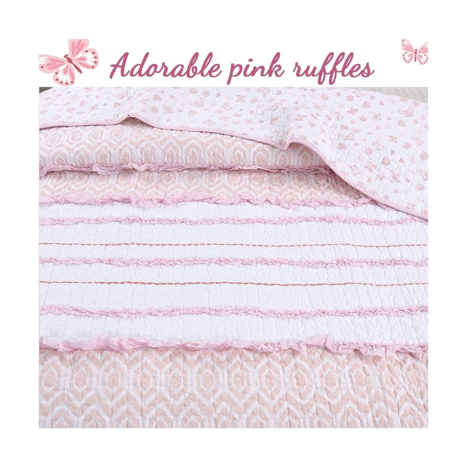 Cozy Line Home Fashions Pink Girly Ruffle Butterfly Reversible 100% Cotton So...