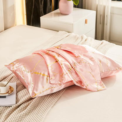 Pink Bedding Set Pink Satin Duvet Cover Set King Size 3 Pcs Girls Pink Metallic Marble Design Luxurious Silky Bedding Queen 1 Duvet Cover 2 Pillowcases (Queen, Pink)