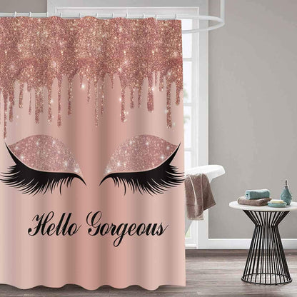 Hello Gorgeous Shower Curtain Set, Rose Gold Twinkle Drips Chic Unicorn Eyelash (No Glitter) Girl Bathroom Shower Curtains, 72 X72 Inch Bathtub Showers Washable Fabric with 12 Hooks, YLLSSD1715