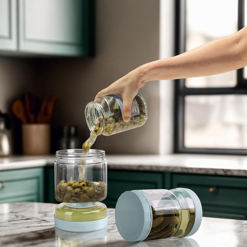 Upgrade Flip Lid Strainer Pickle Jar - Glass Pickle Jar with Strainer Lid, No Mess Pickle Storage Container, Kitchen Organization Gift for Mom, Mothers Day Gift Idea, Food Storage Jar for Pickles, Veggies, Fruits