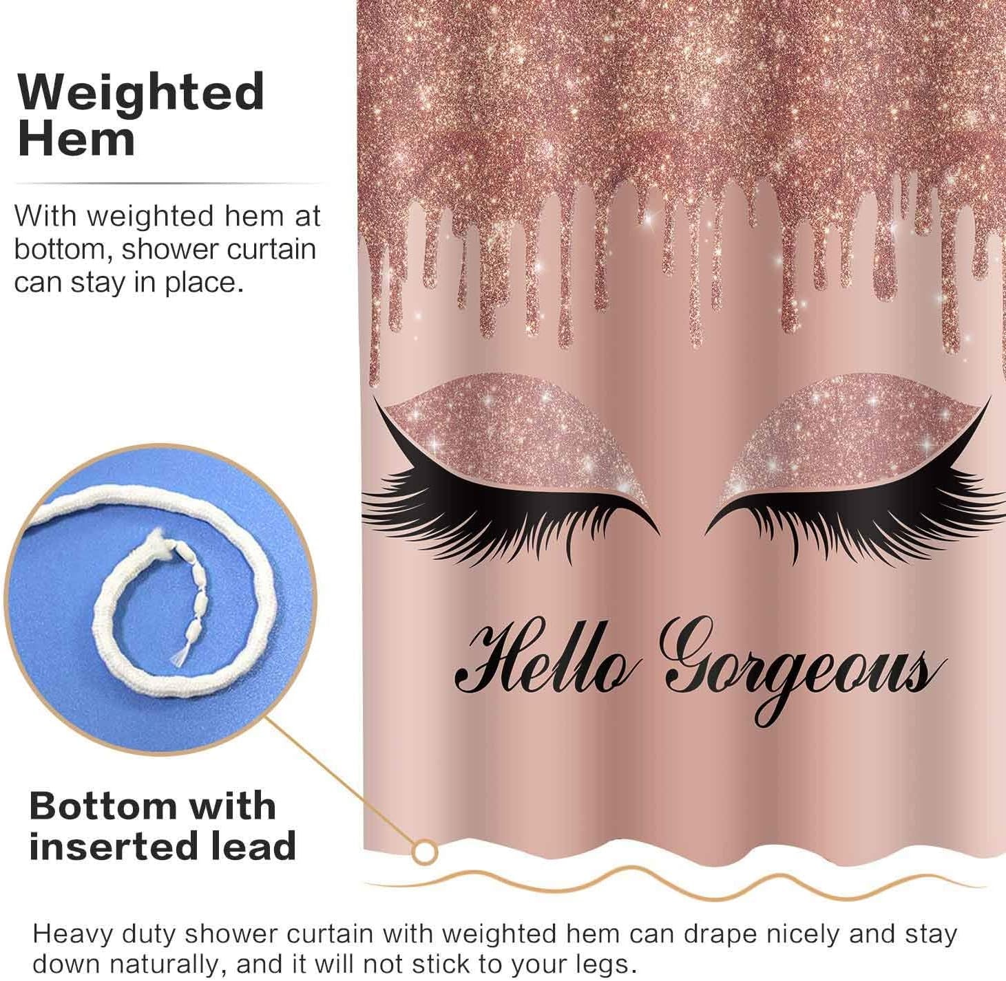 Hello Gorgeous Shower Curtain Set, Rose Gold Twinkle Drips Chic Unicorn Eyelash (No Glitter) Girl Bathroom Shower Curtains, 72 X72 Inch Bathtub Showers Washable Fabric with 12 Hooks, YLLSSD1715