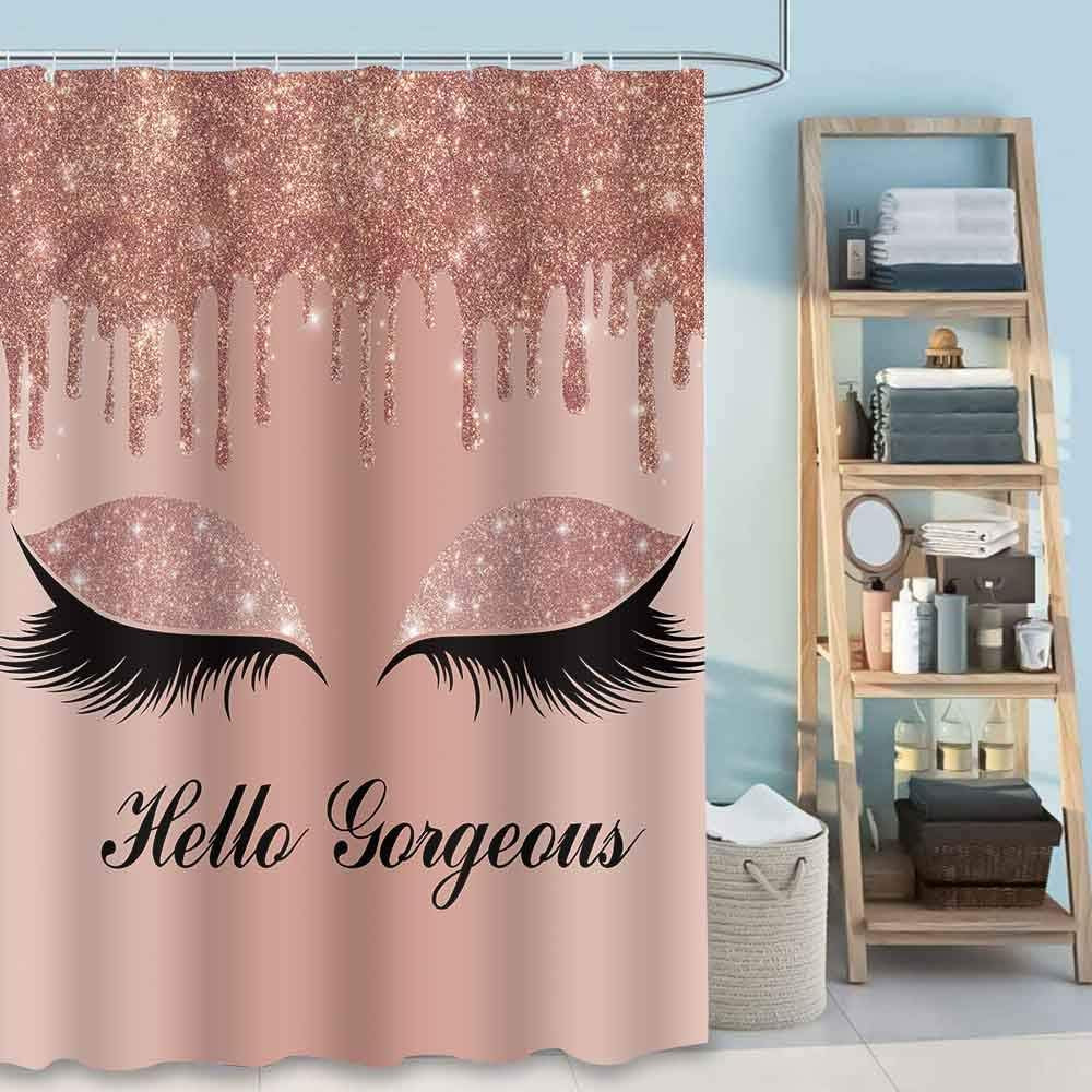Hello Gorgeous Shower Curtain Set, Rose Gold Twinkle Drips Chic Unicorn Eyelash (No Glitter) Girl Bathroom Shower Curtains, 72 X72 Inch Bathtub Showers Washable Fabric with 12 Hooks, YLLSSD1715