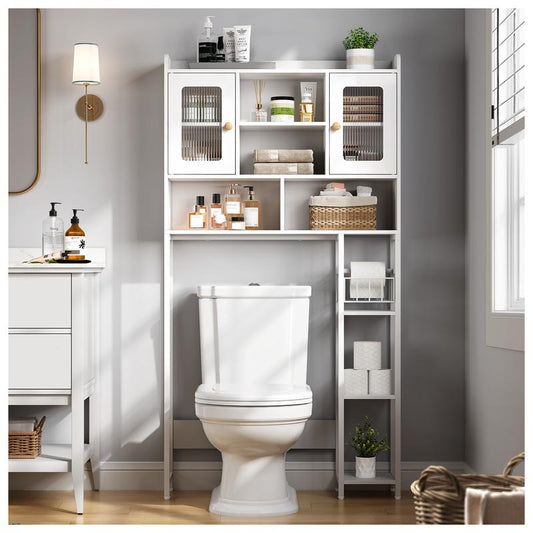SULIVES above Toilet Storage Rack with Cabinet, Sliding Barn Door, Side Storage Rack, Bathroom Organizer with Hooks for Bathroom, Laundry Room, White Shelf Organization