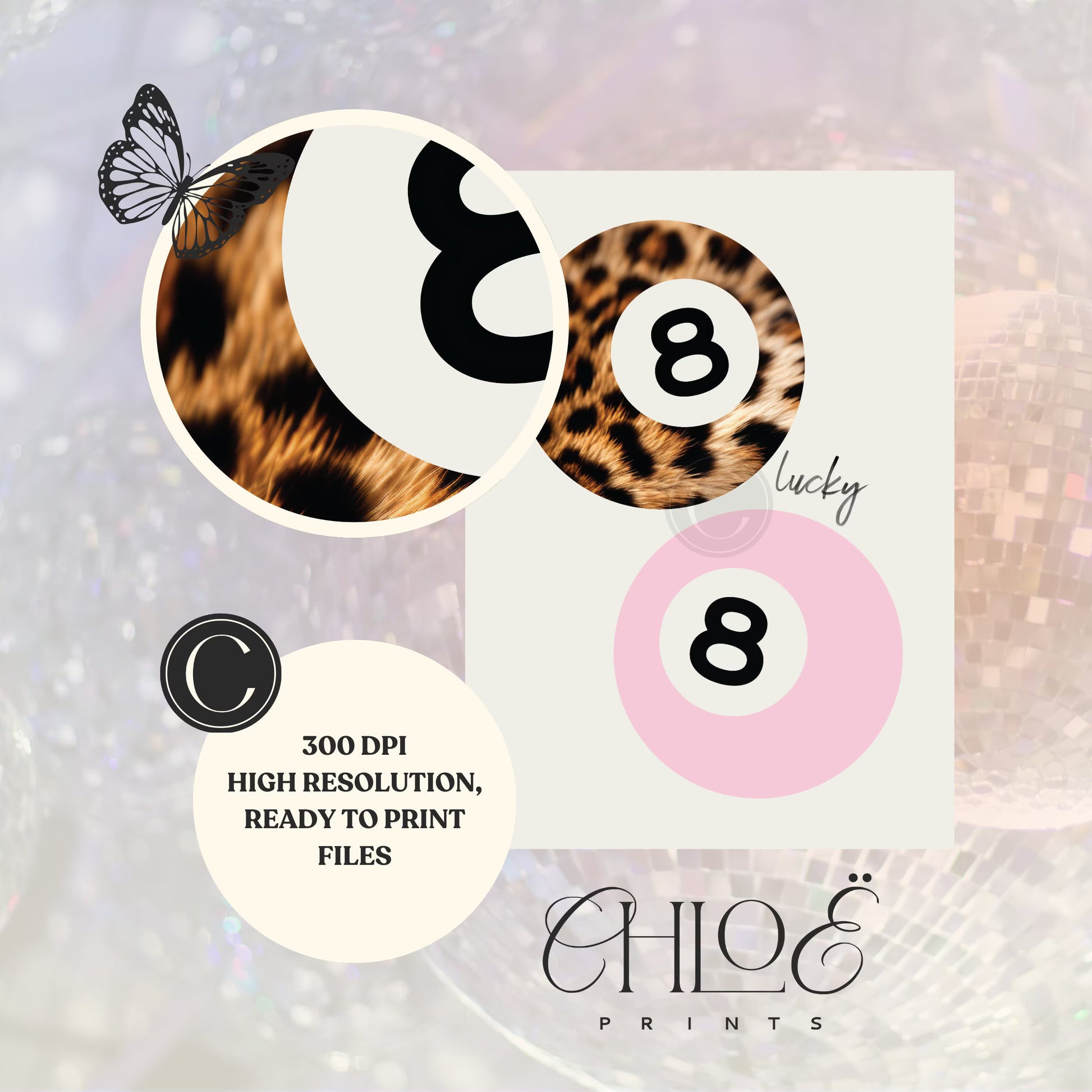 8 Ball Leopard Print, Retro Star Girl Poster, Trendy Lucky Girl Wall Art, Funky Y2K Aesthetic Apartment Decor, Pink Girly Bedroom Artwork