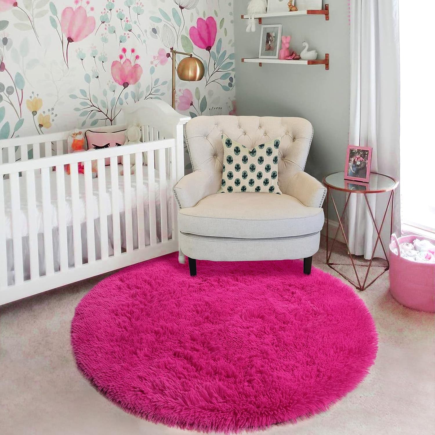 Hot Pink round Rugs 5Ft for Girls Bedroom, Fluffy Circle Area Rug for Kids Room Decor Aesthetic, Shag Plush Fuzzy Furry Carpet for Living Room, Nursery, Dorm, Classroom, Teen, Cute Baby Barbie Rug