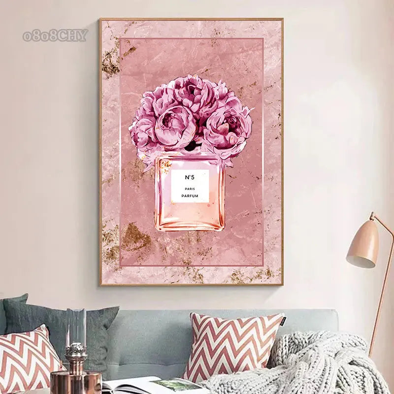 Fashion Pink Floral Perfume Canvas Painting Posters and Print Modern Luxury Home Girl Room Decoration Painting Cuadros Wall Art