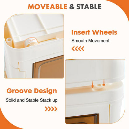 Stackable Plastic Storage Bins with Lid - 23QT Foldable Organizers and Storage with Magnetic Doors & Lockable Wheels, Collapsible Storage Boxes