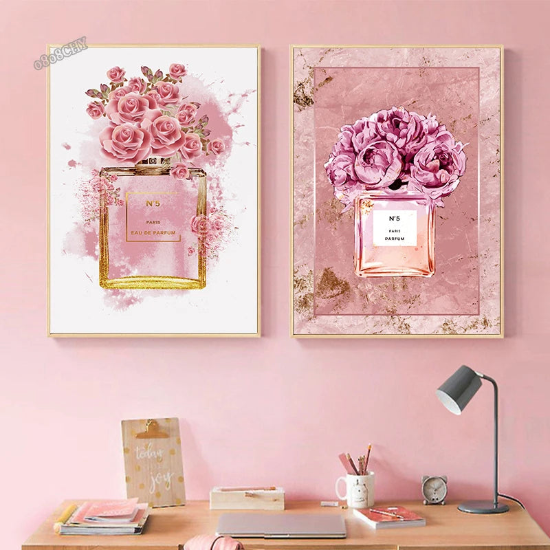 Fashion Pink Floral Perfume Canvas Painting Posters and Print Modern Luxury Home Girl Room Decoration Painting Cuadros Wall Art