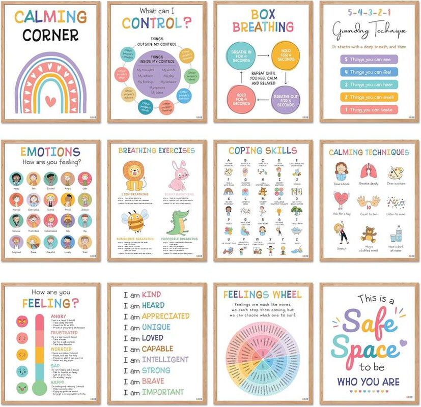 [Back to School 2025] 12 Calming Corner Posters 10X14 Feelings Wheel Emotions Chart for Kids Durable Laminated Classroom Homeschool Decor for Emotional Regulation