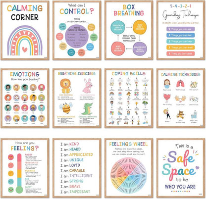 [Back to School 2025] 12 Calming Corner Posters 10X14 Feelings Wheel Emotions Chart for Kids Durable Laminated Classroom Homeschool Decor for Emotional Regulation