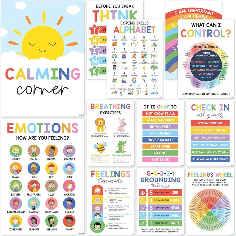 [Back to School 2025] 12 Calming Corner Posters 10X14 Feelings Wheel Emotions Chart for Kids Durable Laminated Classroom Homeschool Decor for Emotional Regulation