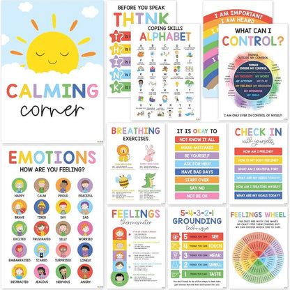 [Back to School 2025] 12 Calming Corner Posters 10X14 Feelings Wheel Emotions Chart for Kids Durable Laminated Classroom Homeschool Decor for Emotional Regulation