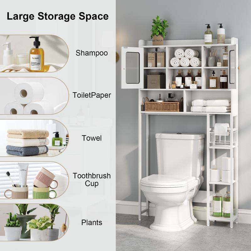 SULIVES above Toilet Storage Rack with Cabinet, Sliding Barn Door, Side Storage Rack, Bathroom Organizer with Hooks for Bathroom, Laundry Room, White Shelf Organization