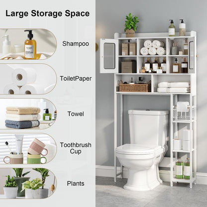 SULIVES above Toilet Storage Rack with Cabinet, Sliding Barn Door, Side Storage Rack, Bathroom Organizer with Hooks for Bathroom, Laundry Room, White Shelf Organization
