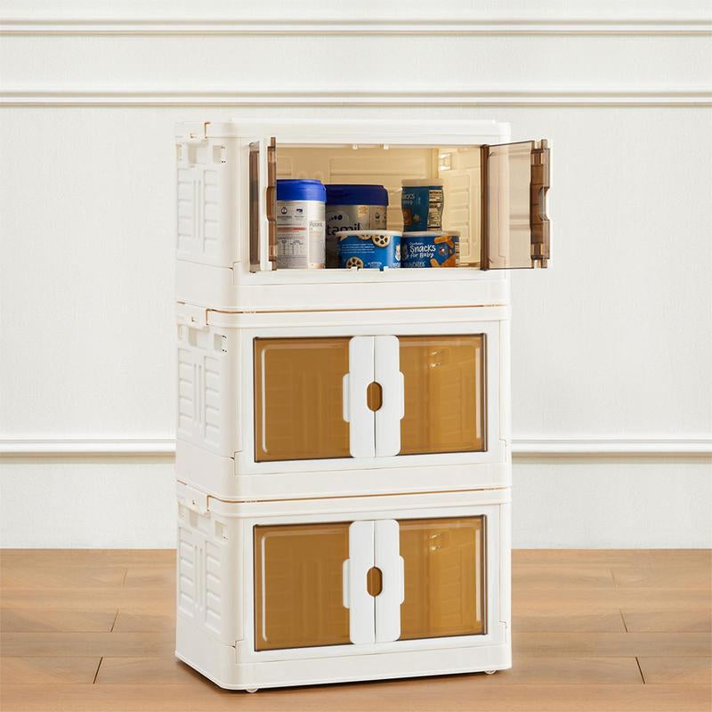 Stackable Plastic Storage Bins with Lid - 23QT Foldable Organizers and Storage with Magnetic Doors & Lockable Wheels, Collapsible Storage Boxes